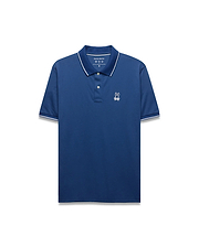 Mens Joji Performance Polo, a deep blue classic fit polo with a smooth performance fabric, features a white embroidered Psycho Bunny skull logo on the left chest and white tipping on the collar and cuffs.