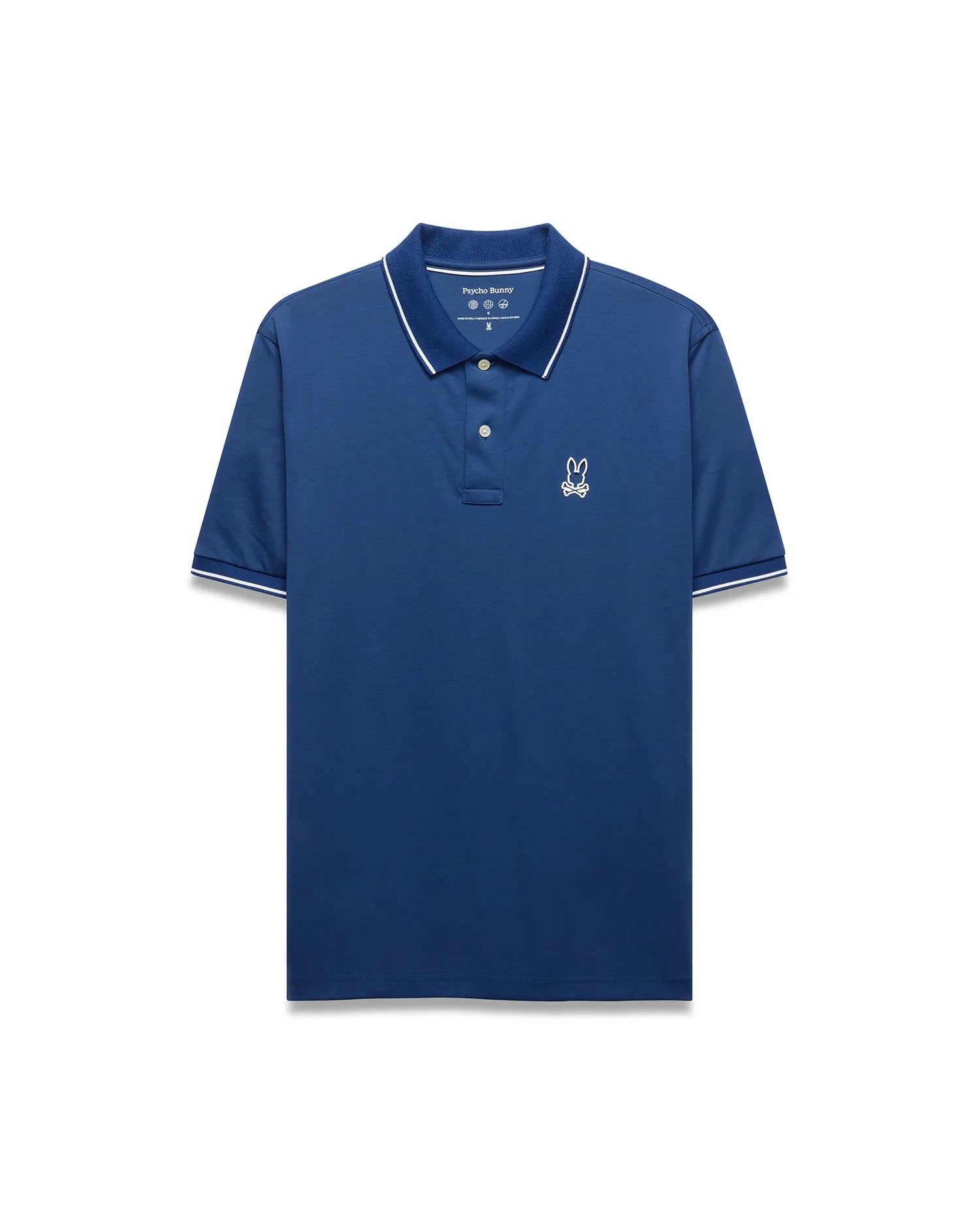 Mens Joji Performance Polo, a deep blue classic fit polo with a smooth performance fabric, features a white embroidered Psycho Bunny skull logo on the left chest and white tipping on the collar and cuffs.