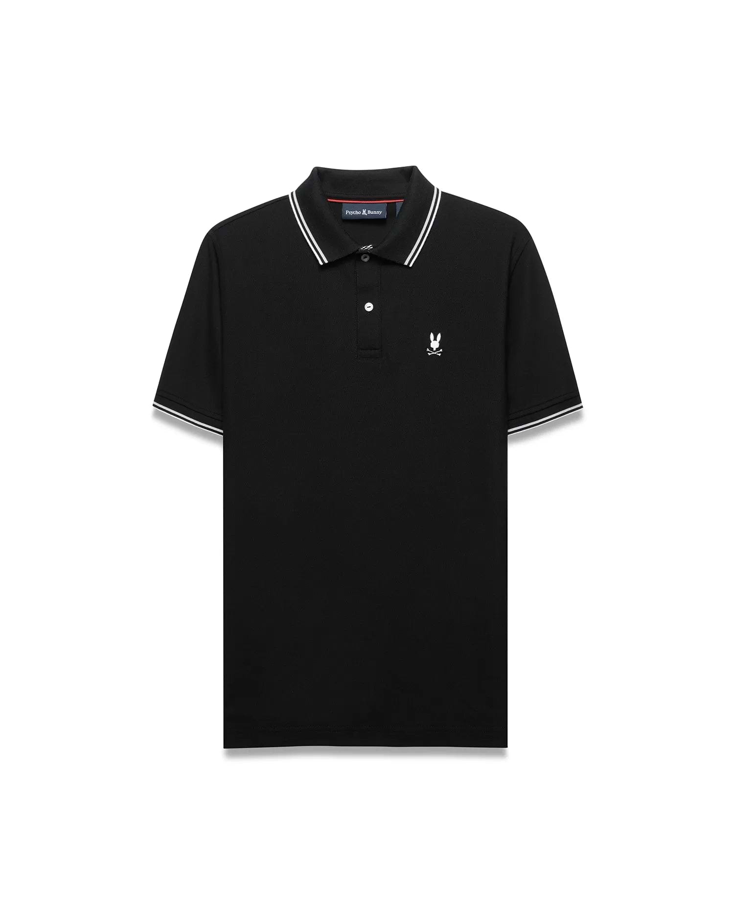 Mens Stan Pique Polo, black classic fit pique with white tipped collar/cuffs, two-button placket, red neck tape, and small white embroidered Psycho Bunny skull logo on left chest.