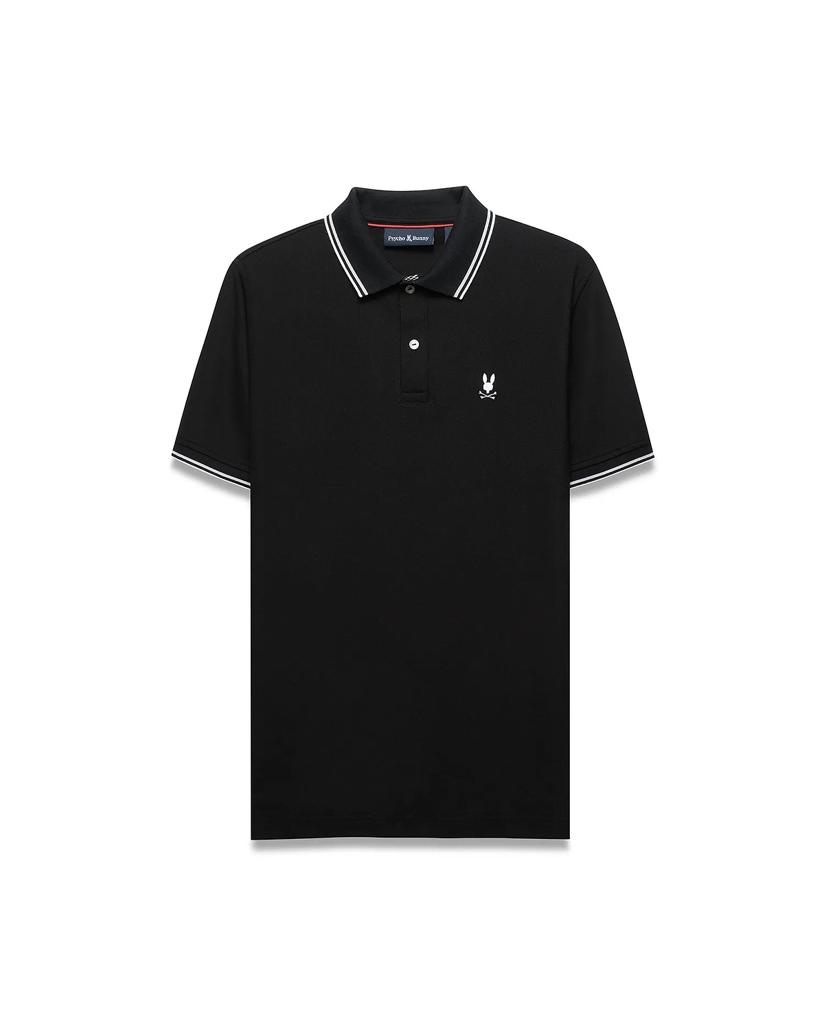 Mens Stan Pique Polo, black classic fit pique with white tipped collar/cuffs, two-button placket, red neck tape, and small white embroidered Psycho Bunny skull logo on left chest.