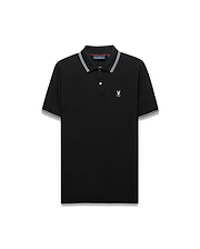 Mens Stan Pique Polo, black classic fit pique with white tipped collar/cuffs, two-button placket, red neck tape, and small white embroidered Psycho Bunny skull logo on left chest.