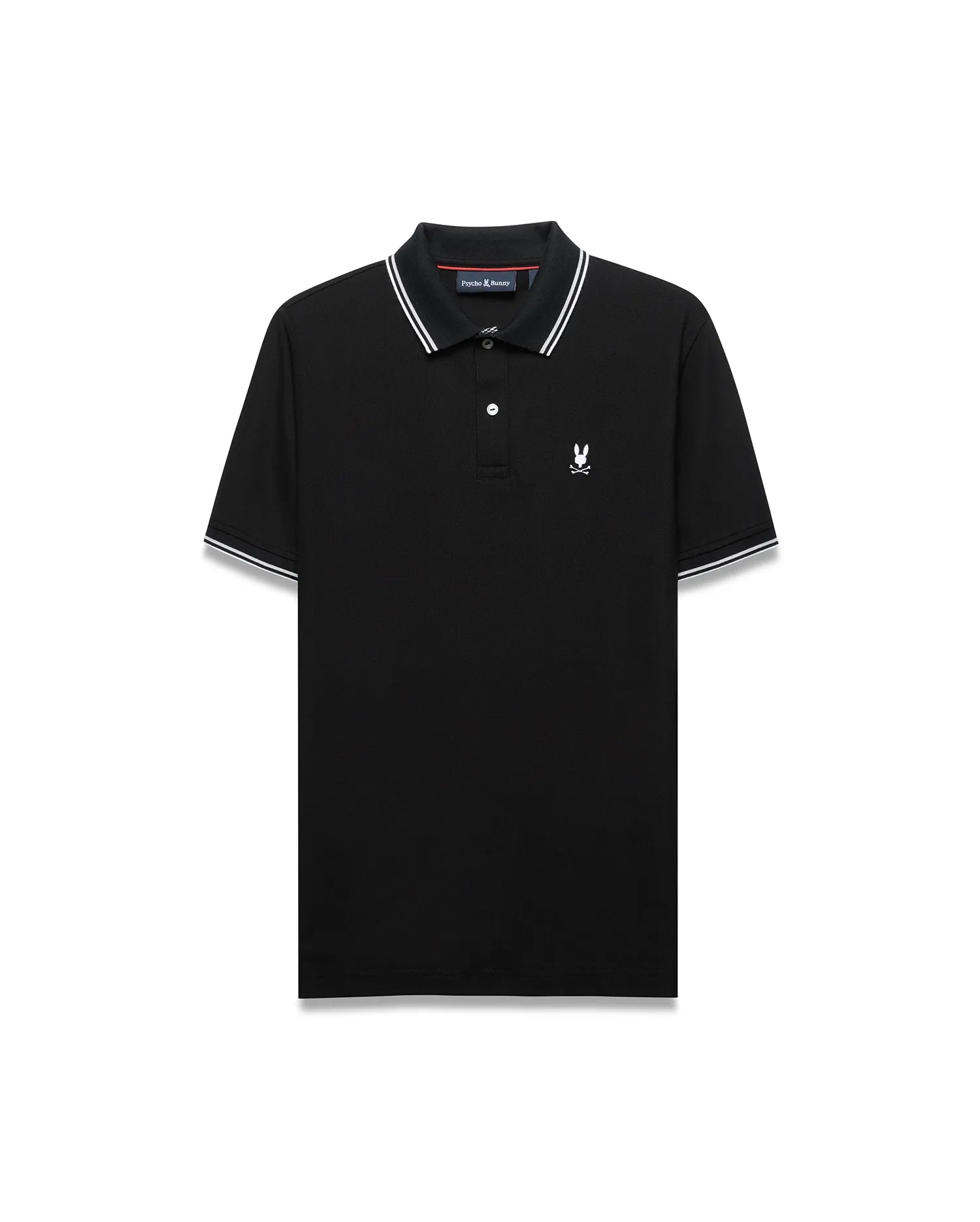 Mens Stan Pique Polo, black classic fit pique with white tipped collar/cuffs, two-button placket, red neck tape, and small white embroidered Psycho Bunny skull logo on left chest.