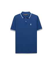 Mens Stan Pique Polo, royal blue classic fit pique knit with a two-button placket, white/light blue striped ribbed collar/cuffs, and small light blue embroidered Psycho Bunny skull logo on left chest.