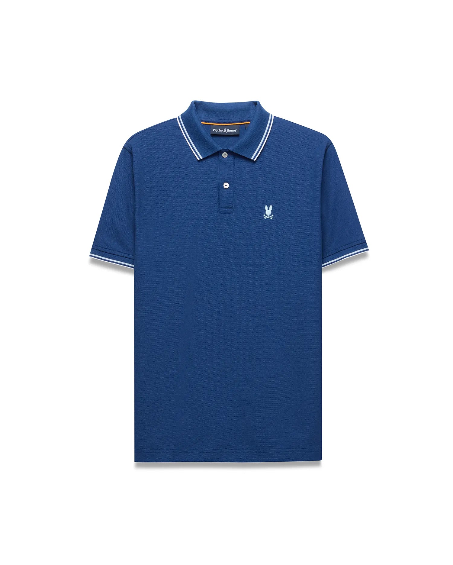 Mens Stan Pique Polo, royal blue classic fit pique knit with a two-button placket, white/light blue striped ribbed collar/cuffs, and small light blue embroidered Psycho Bunny skull logo on left chest.