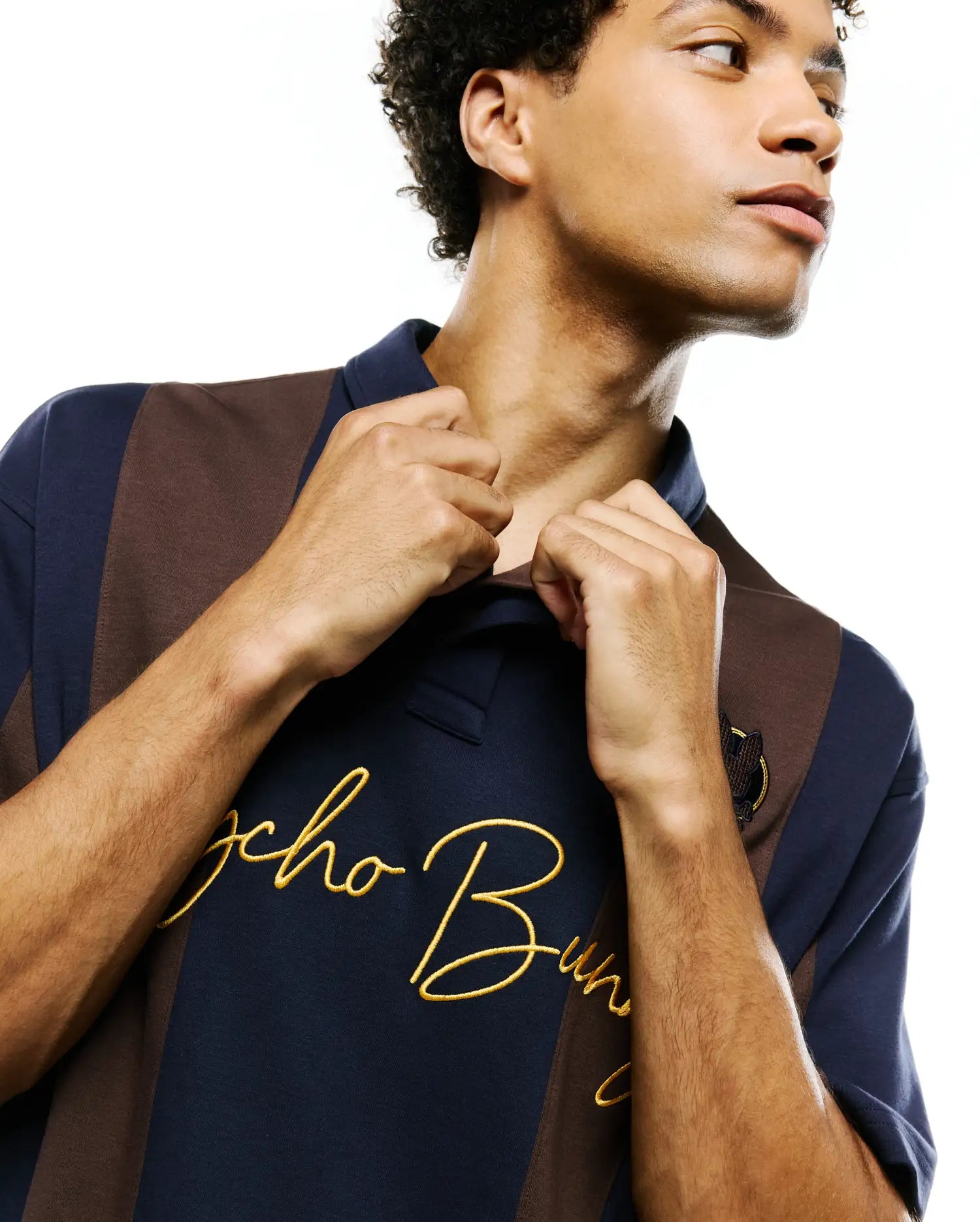 Mens Chad Relaxed Fit Striped Polo, navy blue and brown vertical striped jersey knit with a large gold embroidered Psycho Bunny script logo on the chest and a small dark bunny skull patch.