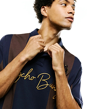 Mens Chad Relaxed Fit Striped Polo, navy blue and brown vertical striped jersey knit with a large gold embroidered Psycho Bunny script logo on the chest and a small dark bunny skull patch.
