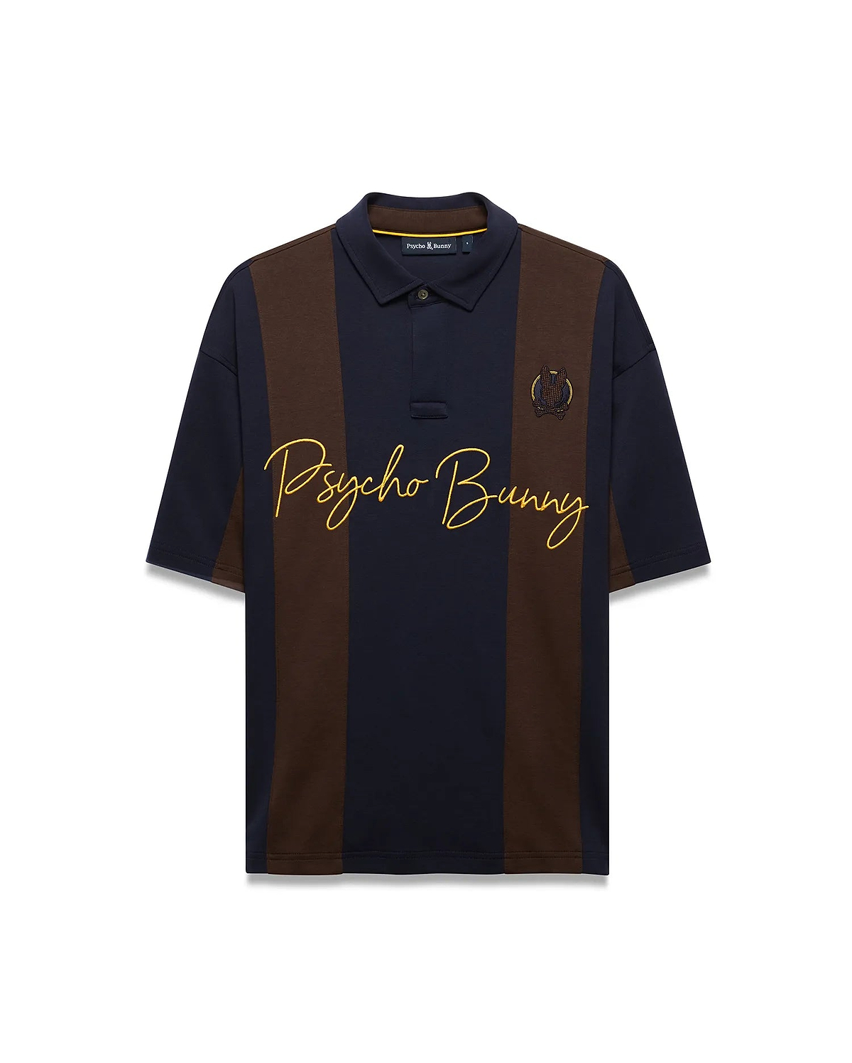 Mens Chad Relaxed Fit Striped Polo in navy and brown vertical stripes, featuring a relaxed fit, smooth jersey knit, large yellow embroidered Psycho Bunny script, and small embroidered skull logo.