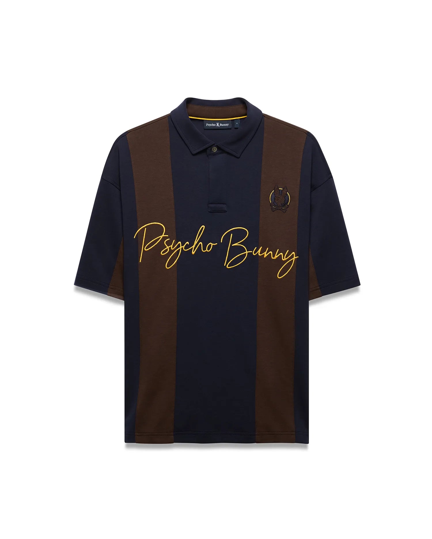 Mens Chad Relaxed Fit Striped Polo in navy and brown vertical stripes, featuring a relaxed fit, smooth jersey knit, large yellow embroidered Psycho Bunny script, and small embroidered skull logo.
