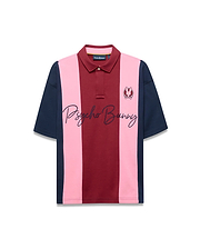 Mens Chad Relaxed Fit Striped Polo with bold vertical color blocks in maroon, light pink, and navy jersey knit. Features a small embroidered bunny skull logo on the left chest and a large navy Psycho Bunny script logo across the front.