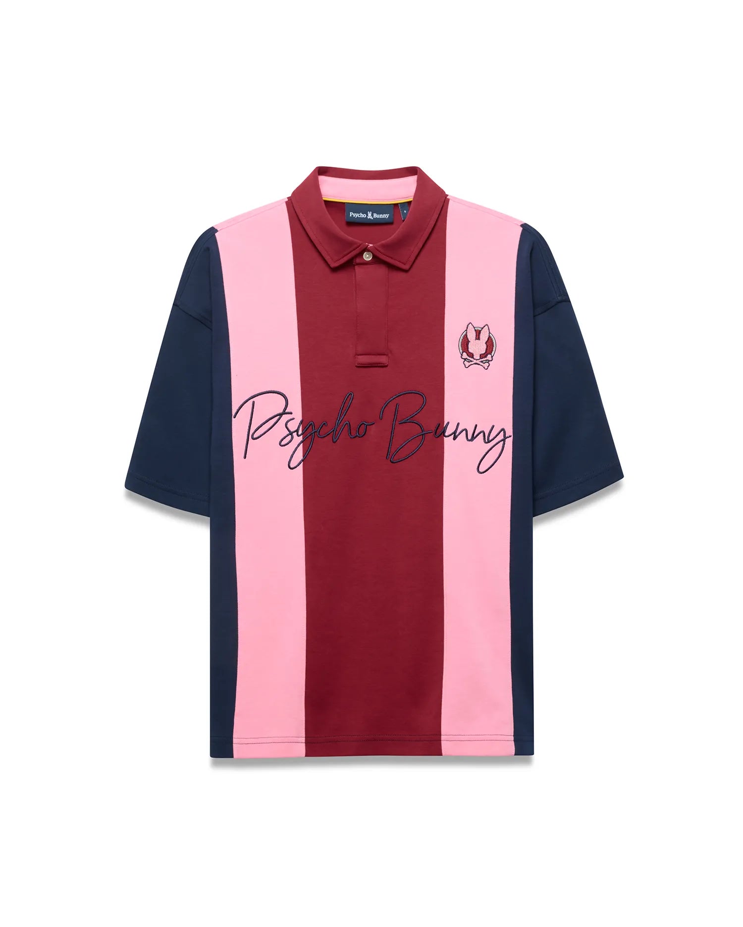 Mens Chad Relaxed Fit Striped Polo with bold vertical color blocks in maroon, light pink, and navy jersey knit. Features a small embroidered bunny skull logo on the left chest and a large navy Psycho Bunny script logo across the front.