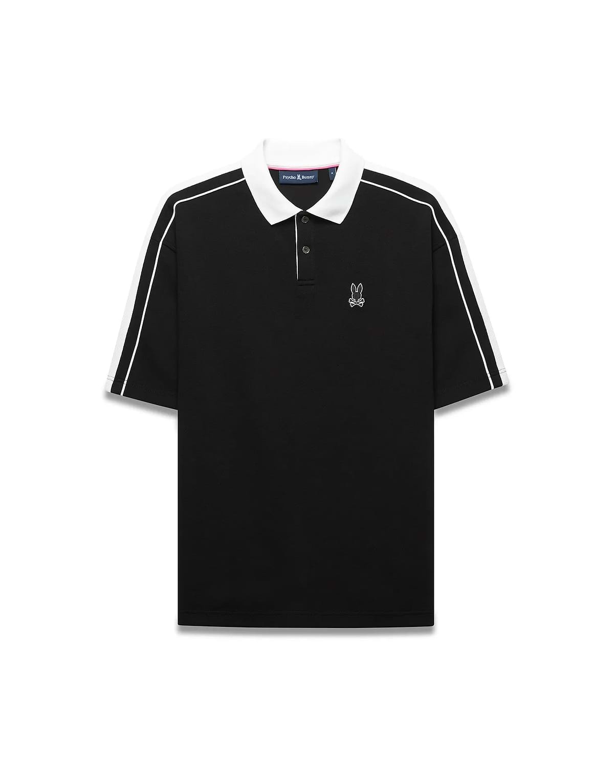 Mens Ceano Relaxed Fit Heavy Pique Polo in black with a crisp white collar, white double-stripe sleeves, and a small embroidered white Psycho Bunny skull logo on the left chest.