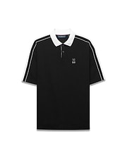 Mens Ceano Relaxed Fit Heavy Pique Polo in black with a crisp white collar, white double-stripe sleeves, and a small embroidered white Psycho Bunny skull logo on the left chest.