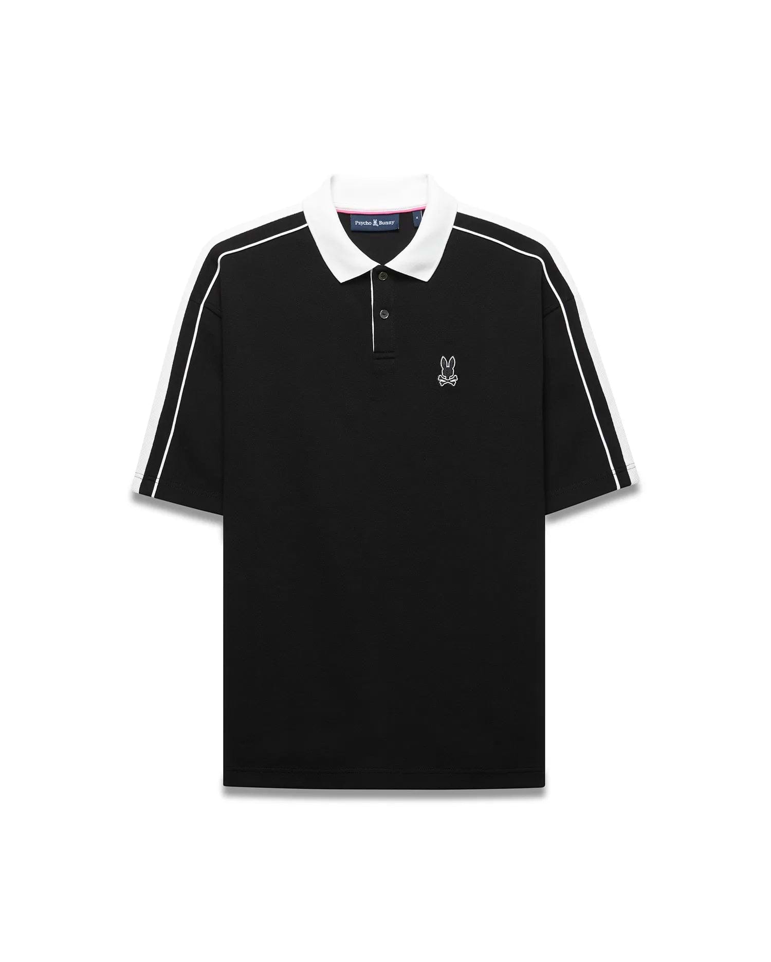 Mens Ceano Relaxed Fit Heavy Pique Polo in black with a crisp white collar, white double-stripe sleeves, and a small embroidered white Psycho Bunny skull logo on the left chest.