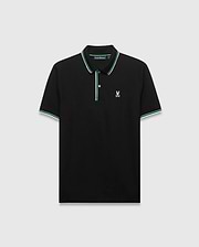 Mens Faye Pique Polo, black classic fit pique polo with green and white striped collar and cuffs, featuring a small embroidered white Psycho Bunny skull logo on the left chest.