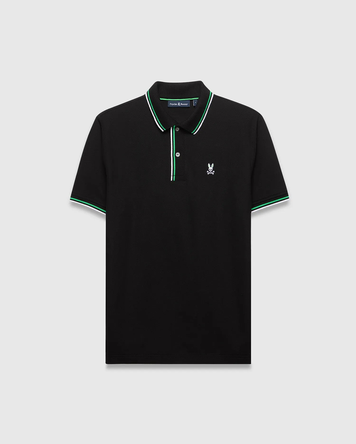 Mens Faye Pique Polo, black classic fit pique polo with green and white striped collar and cuffs, featuring a small embroidered white Psycho Bunny skull logo on the left chest.