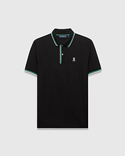 Mens Faye Pique Polo, black classic fit pique polo with green and white striped collar and cuffs, featuring a small embroidered white Psycho Bunny skull logo on the left chest.