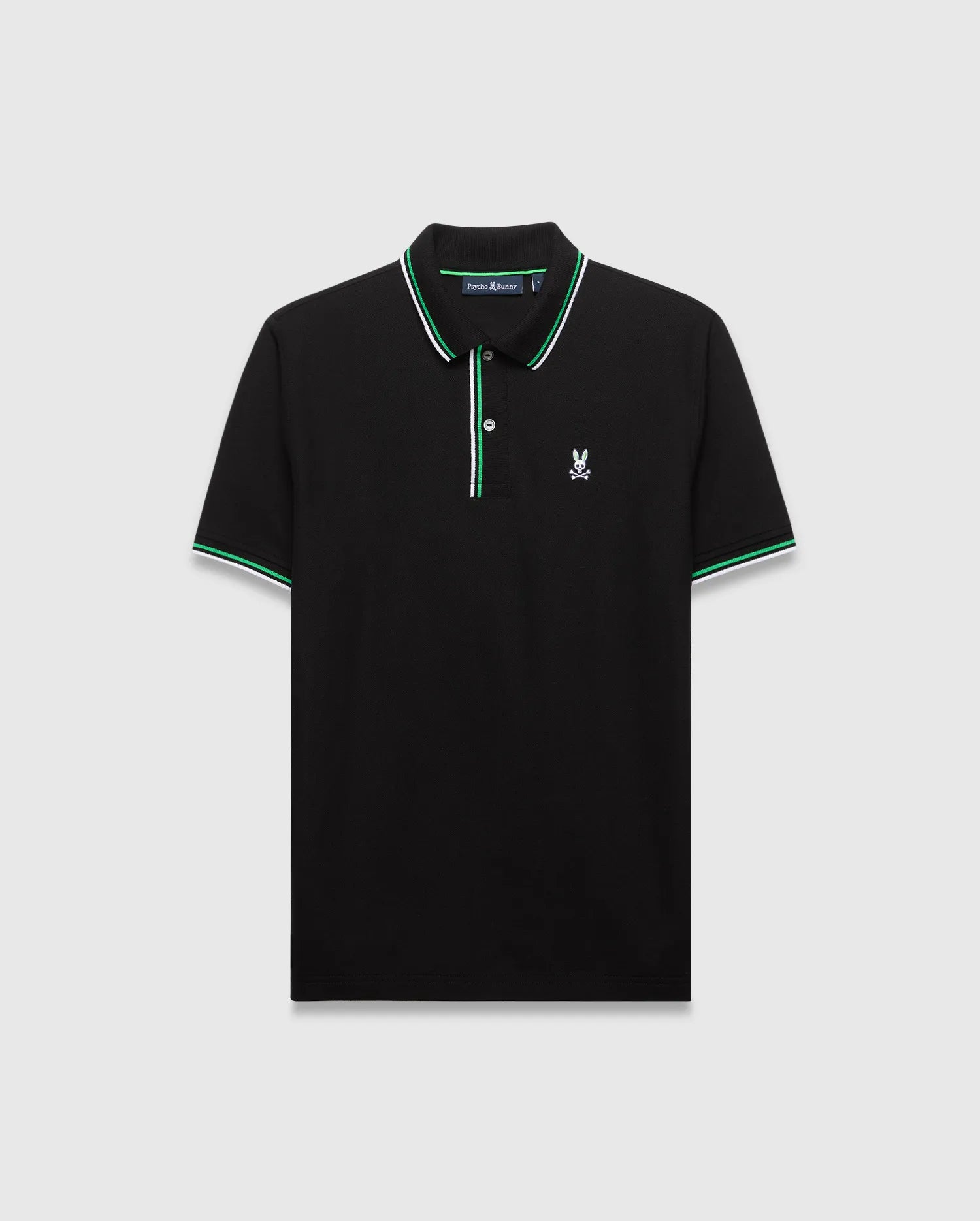 Mens Faye Pique Polo, black classic fit pique polo with green and white striped collar and cuffs, featuring a small embroidered white Psycho Bunny skull logo on the left chest.