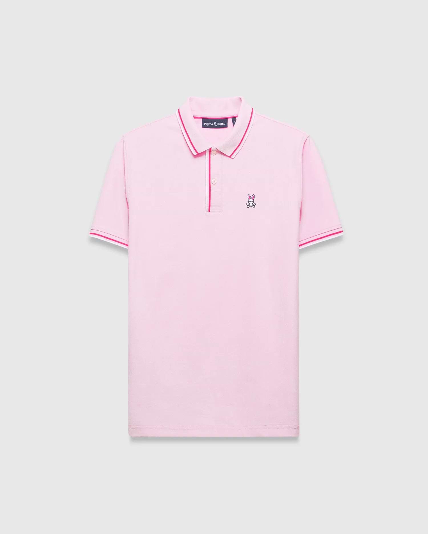 Mens Faye Pique Polo in pink, featuring a classic fit, pique texture, white and fuchsia tipped collar and cuffs, and a small embroidered Psycho Bunny skull logo on the left chest.