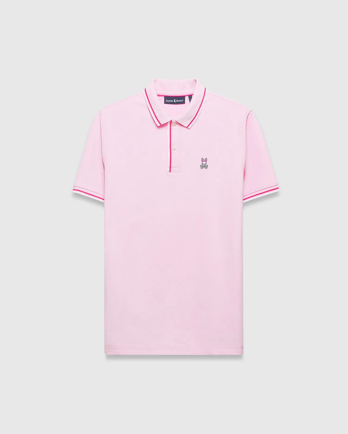 Mens Faye Pique Polo in pink, featuring a classic fit, pique texture, white and fuchsia tipped collar and cuffs, and a small embroidered Psycho Bunny skull logo on the left chest.