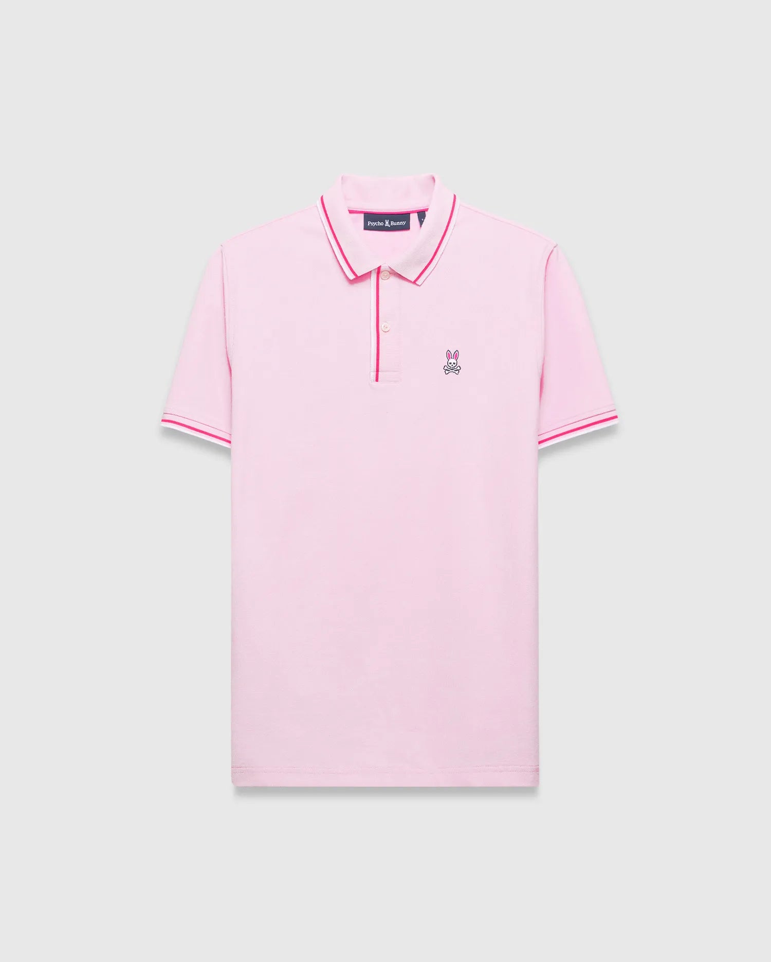 Mens Faye Pique Polo in pink, featuring a classic fit, pique texture, white and fuchsia tipped collar and cuffs, and a small embroidered Psycho Bunny skull logo on the left chest.