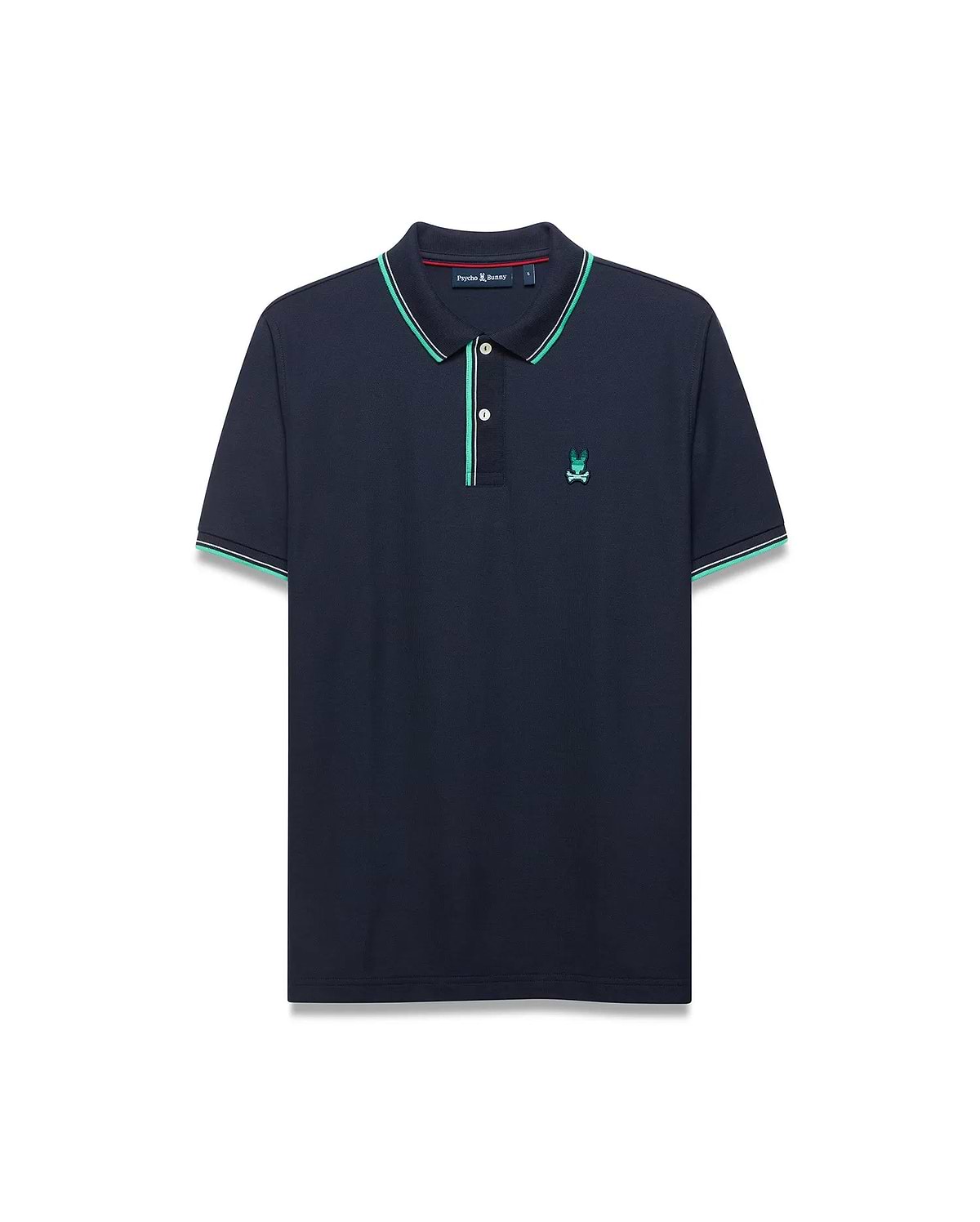 Men's Slade Pique Polo in navy blue, featuring a classic fit, textured pique fabric, and a small embroidered teal Psycho Bunny skull logo on the left chest. The ribbed collar and sleeve cuffs have green and white tipping. (5)