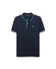 Men's Slade Pique Polo in navy blue, featuring a classic fit, textured pique fabric, and a small embroidered teal Psycho Bunny skull logo on the left chest. The ribbed collar and sleeve cuffs have green and white tipping. (5)