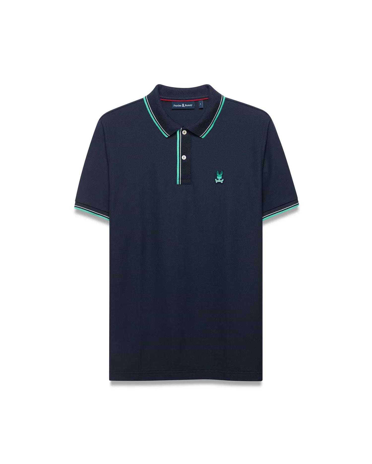 Men's Slade Pique Polo in navy blue, featuring a classic fit, textured pique fabric, and a small embroidered teal Psycho Bunny skull logo on the left chest. The ribbed collar and sleeve cuffs have green and white tipping. (5)