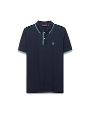 Men's Slade Pique Polo in navy blue, featuring a classic fit, textured pique fabric, and a small embroidered teal Psycho Bunny skull logo on the left chest. The ribbed collar and sleeve cuffs have green and white tipping. (5)