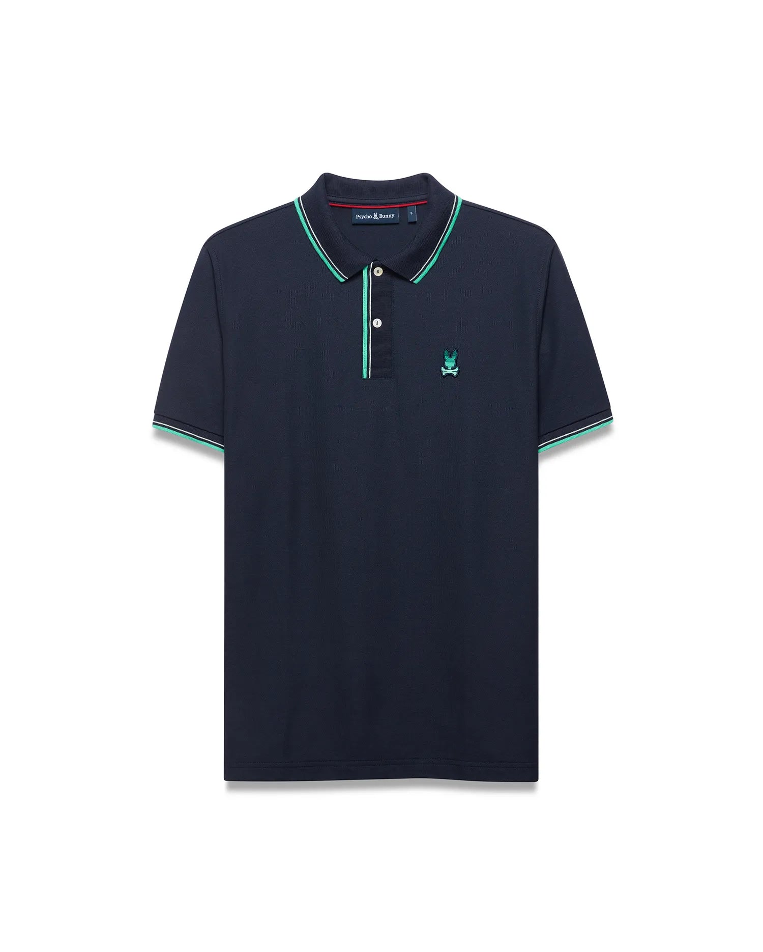 Men's Slade Pique Polo in navy blue, featuring a classic fit, textured pique fabric, and a small embroidered teal Psycho Bunny skull logo on the left chest. The ribbed collar and sleeve cuffs have green and white tipping. (5)