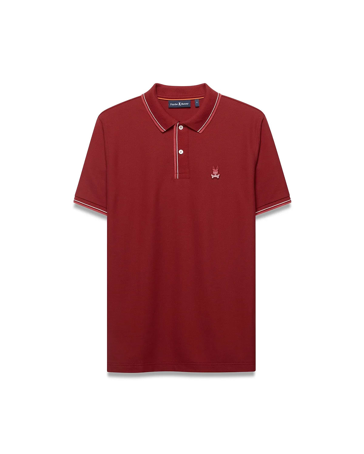 Men's Slade Pique Polo. Burgundy classic fit pique knit polo with white and orange tipped collar and cuffs, featuring a small embroidered Psycho Bunny skull logo on the left chest and white buttons. (5)