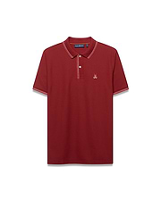 Men's Slade Pique Polo. Burgundy classic fit pique knit polo with white and orange tipped collar and cuffs, featuring a small embroidered Psycho Bunny skull logo on the left chest and white buttons. (5)