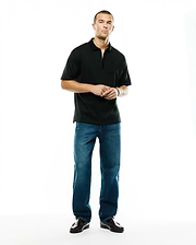 Men's Nolen Oversized Jersey Polo, a black oversized jersey polo featuring a sleek zipper placket and a small embroidered Psycho Bunny skull logo on the left chest. (4)