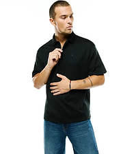 Men's Nolen Oversized Jersey Polo in black, featuring a smooth jersey fabric, a zippered placket, and a small, tonal embroidered Psycho Bunny skull logo on the left chest. (1)