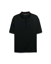 Men's Nolen Oversized Jersey Polo in black jersey fabric, featuring a ribbed collar and placket, with a small embroidered Psycho Bunny skull logo on the left chest and subtle orange accent on the inner collar. (5)