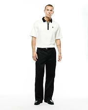Men's Nolen Oversized Jersey Polo in cream, featuring a black contrast collar, black zipper placket, and a small embroidered black Psycho Bunny skull logo on the left chest. (4)