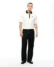 Men's Nolen Oversized Jersey Polo in cream, featuring a black contrast collar, black zipper placket, and a small embroidered black Psycho Bunny skull logo on the left chest. (4)