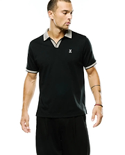 Men's Teddy Johnny Collar Polo, black jersey knit, classic fit, featuring a white textured V-neck collar and cuffs, with a small embroidered white Psycho Bunny skull logo on the left chest. (1)