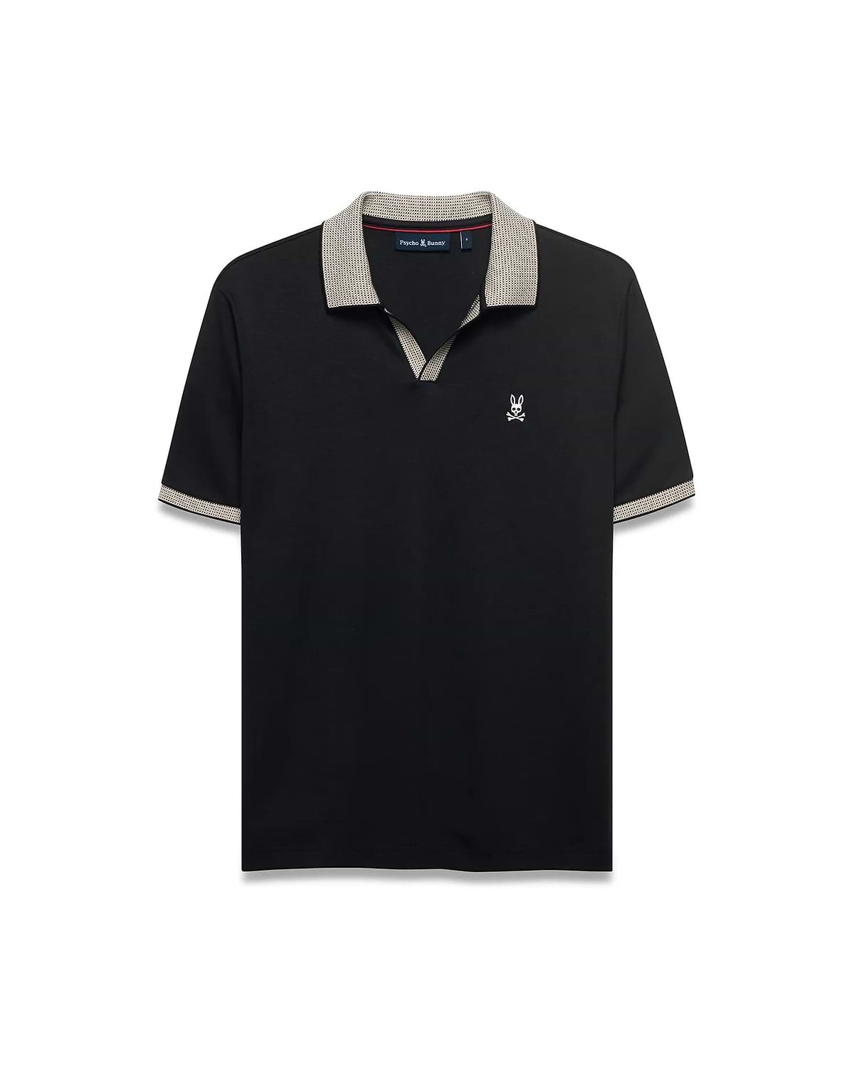 Men's Teddy Johnny Collar Polo. Black classic fit jersey polo with beige houndstooth Johnny collar and cuffs, featuring a small white embroidered Psycho Bunny skull logo on the left chest. (5)