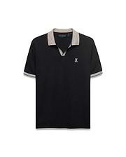 Men's Teddy Johnny Collar Polo. Black classic fit jersey polo with beige houndstooth Johnny collar and cuffs, featuring a small white embroidered Psycho Bunny skull logo on the left chest. (5)