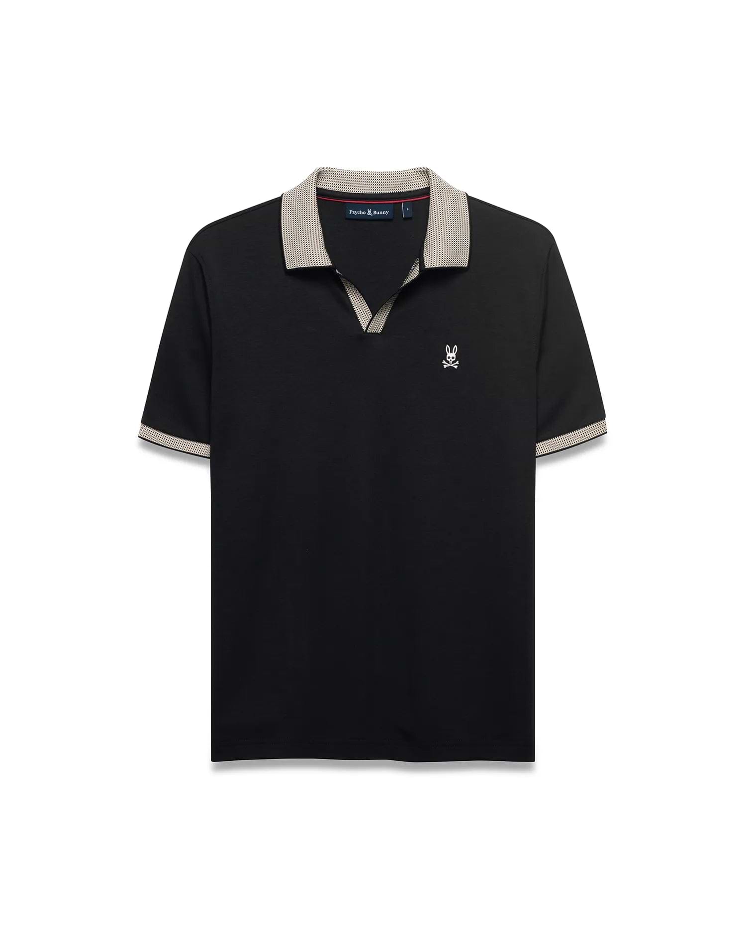 Men's Teddy Johnny Collar Polo. Black classic fit jersey polo with beige houndstooth Johnny collar and cuffs, featuring a small white embroidered Psycho Bunny skull logo on the left chest. (5)