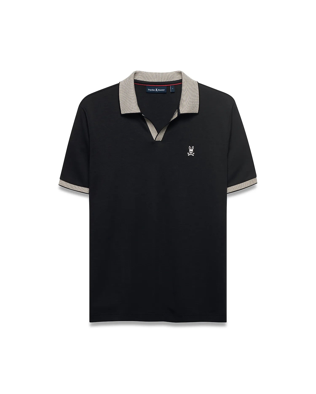 Men's Teddy Johnny Collar Polo. Black classic fit jersey polo with beige houndstooth Johnny collar and cuffs, featuring a small white embroidered Psycho Bunny skull logo on the left chest. (5)
