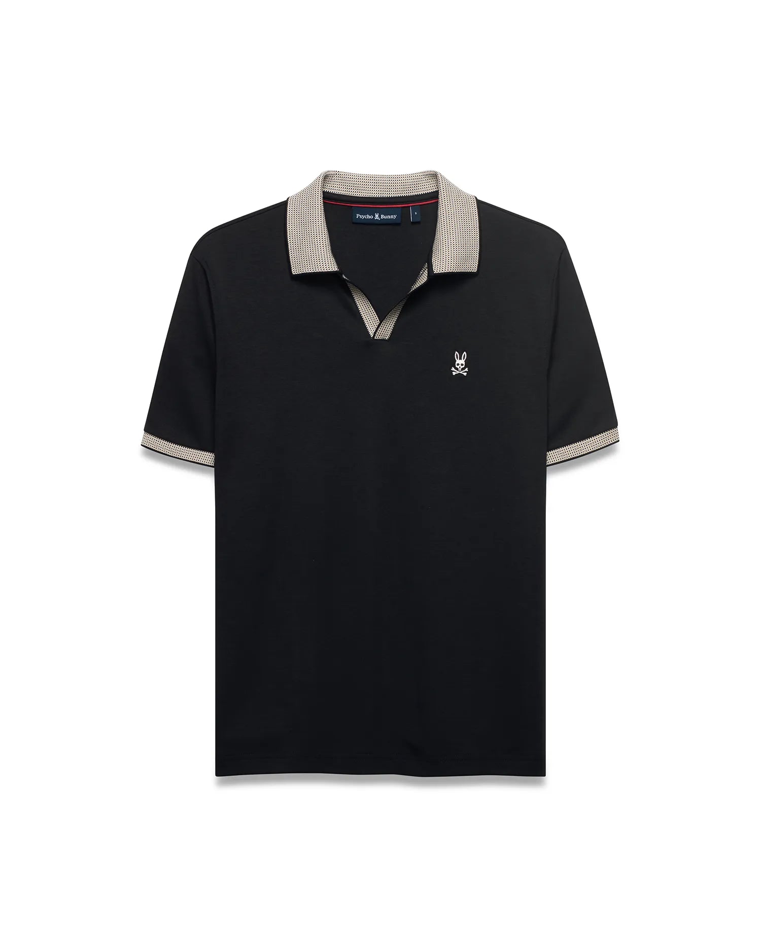Men's Teddy Johnny Collar Polo. Black classic fit jersey polo with beige houndstooth Johnny collar and cuffs, featuring a small white embroidered Psycho Bunny skull logo on the left chest. (5)