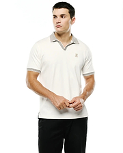 Men's Teddy Johnny Collar Polo, cream jersey knit with black/white micro-dot patterned Johnny collar and cuffs, and an embroidered tan Psycho Bunny skull logo on the left chest. (1)