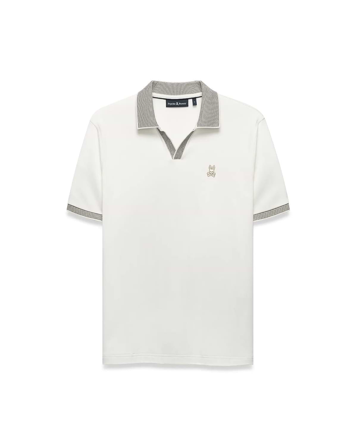Men's Teddy Johnny Collar Polo, a classic fit white jersey knit polo with a black and white micro-houndstooth Johnny collar and sleeve cuffs, featuring a small embroidered gold Psycho Bunny skull logo on the left chest. (5)