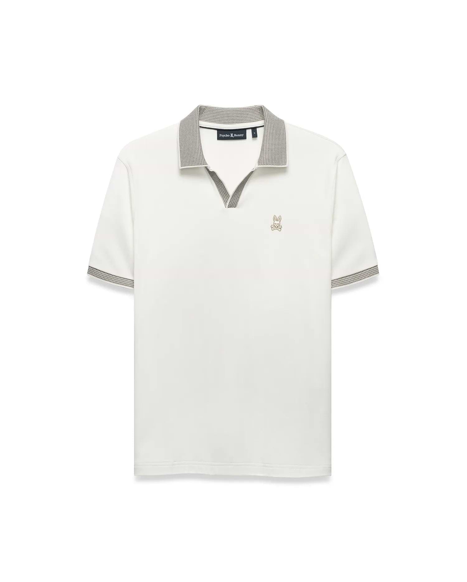 Men's Teddy Johnny Collar Polo, a classic fit white jersey knit polo with a black and white micro-houndstooth Johnny collar and sleeve cuffs, featuring a small embroidered gold Psycho Bunny skull logo on the left chest. (5)