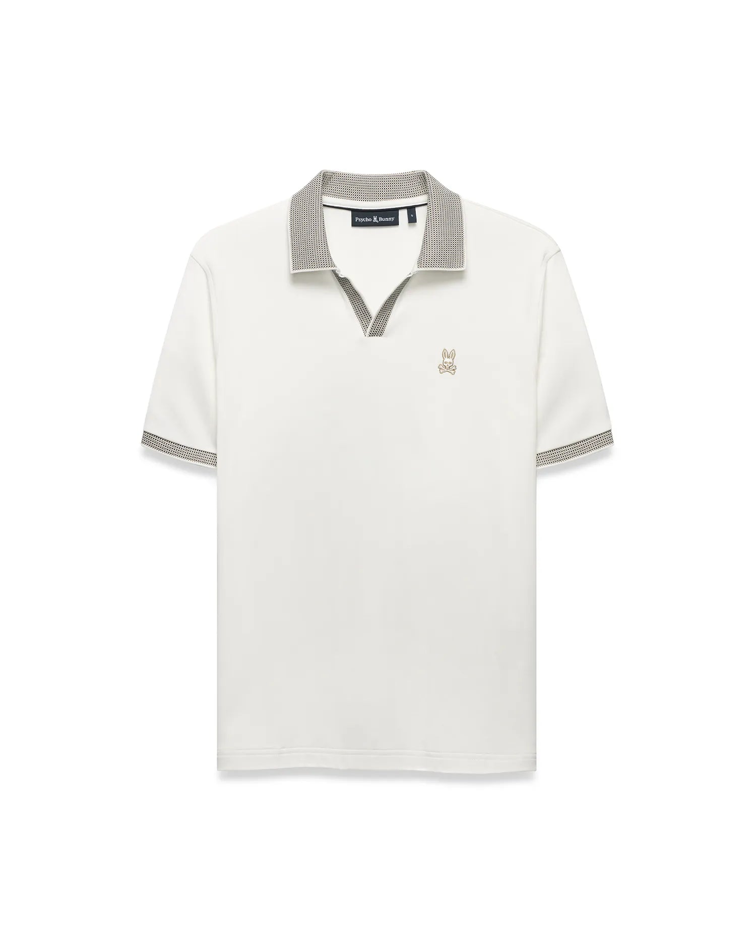 Men's Teddy Johnny Collar Polo, a classic fit white jersey knit polo with a black and white micro-houndstooth Johnny collar and sleeve cuffs, featuring a small embroidered gold Psycho Bunny skull logo on the left chest. (5)
