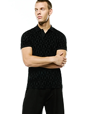 Men's Angus Flocked Polo, a black slim-fit jersey polo with a subtle all-over tonal flocked geometric pattern of the iconic Psycho Bunny skull, featuring a classic collar and two-button placket. (1)