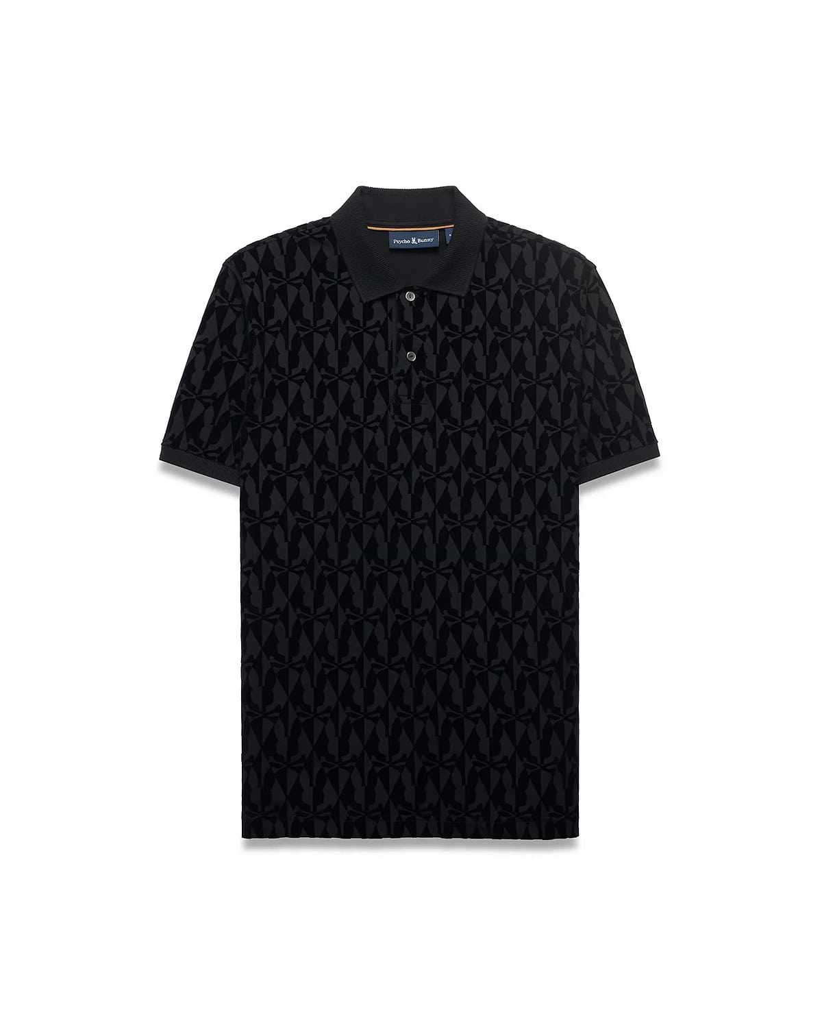 Men's Angus Flocked Polo, black classic fit pique polo featuring an all-over tonal flocked Psycho Bunny skull logo pattern and two-button placket. (5)