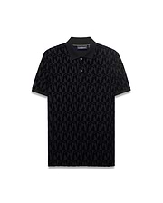 Men's Angus Flocked Polo, black classic fit pique polo featuring an all-over tonal flocked Psycho Bunny skull logo pattern and two-button placket. (5)