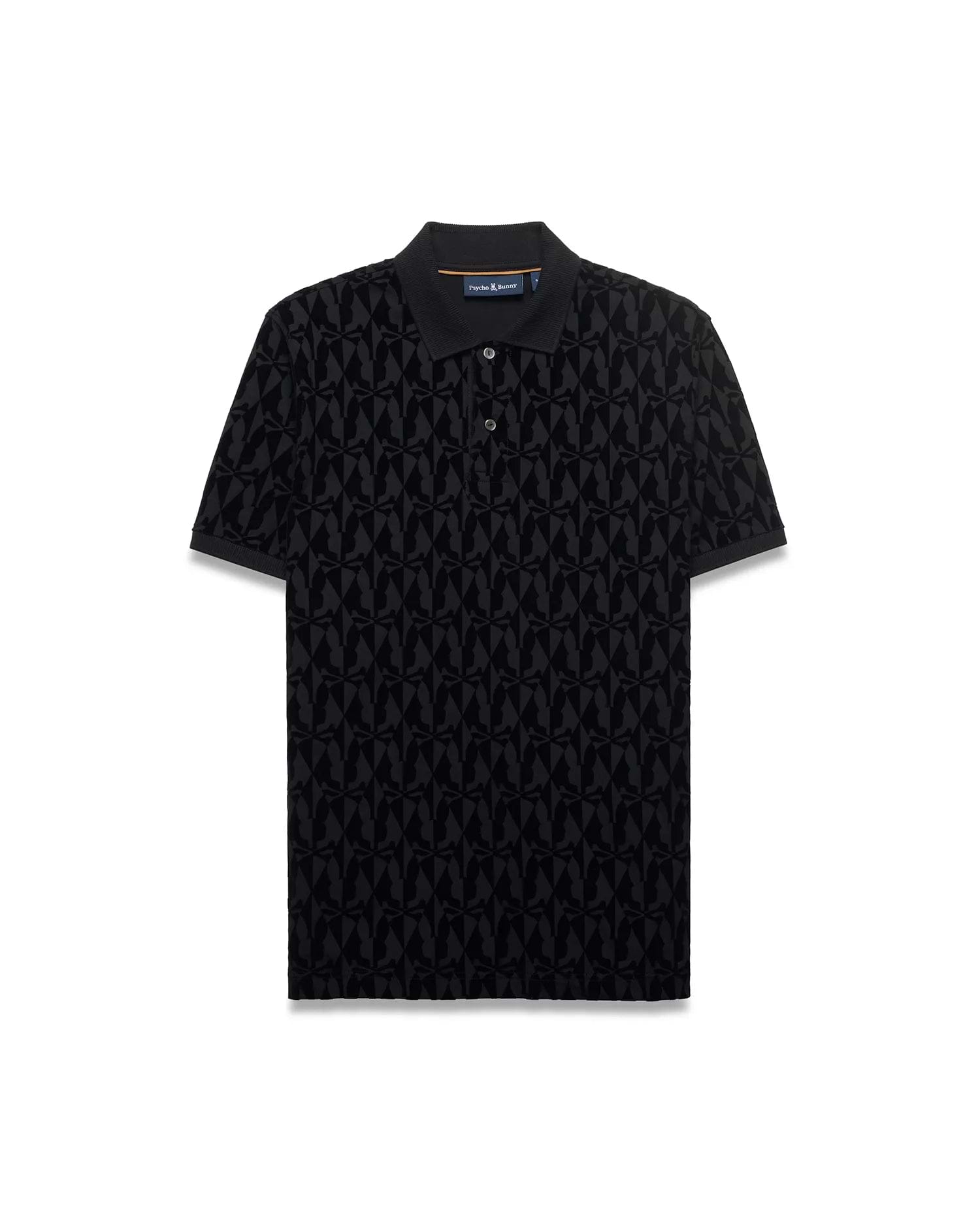 Men's Angus Flocked Polo, black classic fit pique polo featuring an all-over tonal flocked Psycho Bunny skull logo pattern and two-button placket. (5)